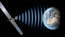 A cartoon of a communication satellite with radio waves propagating down to the earth.