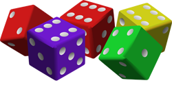 Group of five die - two red, one each purple, green and yellow